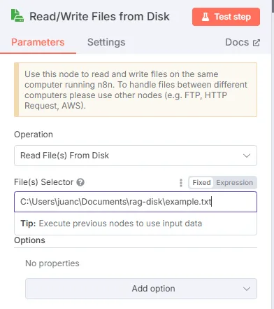 n8n read file nodo config